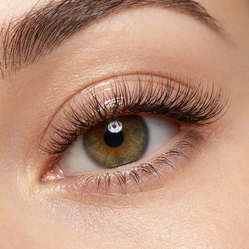 Close photograph of a finished hybrid lash set